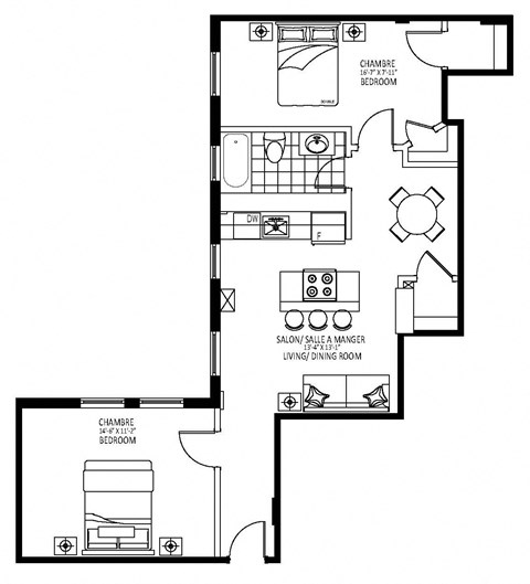 Floor plan for 2 beds, 1 bath, 772 sqft